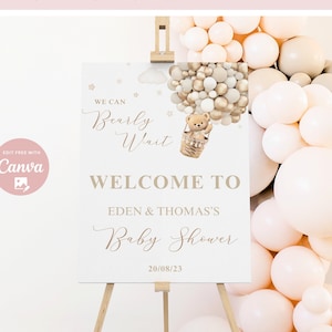 Editable Gender Neutral We Can Bearly Wait  Bear Theme Baby shower welcome sign Boho Brown Bear Baby shower poster instant download