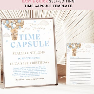 Bearbeitbares 1st Birthday Bear Time Capsule Zeichen 1st Birthday Party Time Capsule Vorlage Gästebuch Jungen Beary Erster Geburtstag Instant Download