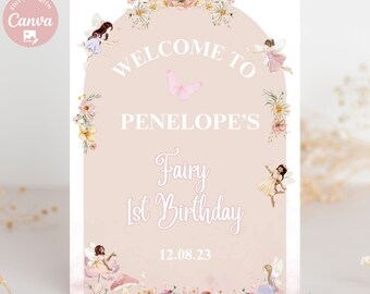 Letrero de bienvenida de hada neutral editable para primer cumpleaños, hada encantada, boho, primer cumpleaños de niña, fiesta en el jardín, descarga instantánea