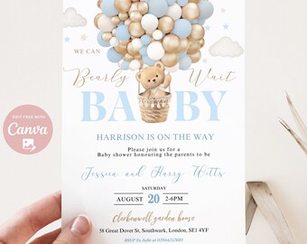 Editable We Can Bearly Wait baby shower invite, Hot Air Balloon Teddy Bear theme & Boho Bear Baby shower template instant download