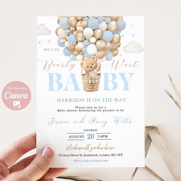 Editable We Can Bearly Wait baby shower invite, Hot Air Balloon Teddy Bear theme & Boho Bear Baby shower template instant download