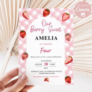 Editable Berry Sweet Birthday Invitation,  Strawberry Pink & White Birthday Invitation for Girls, Berry Sweet All ages Birthday Template