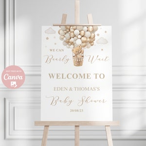 Editable Género Neutral We Can Bearly Wait Bear Theme Baby shower signo de bienvenida Boho Brown Bear Baby shower cartel descarga instantánea