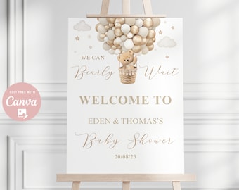 Editable Gender Neutral We Can Bearly Wait  Bear Theme Baby shower welcome sign Boho Brown Bear Baby shower poster instant download
