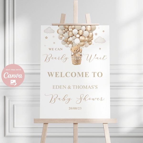 Editable Gender Neutral We Can Bearly Wait  Bear Theme Baby shower welcome sign Boho Brown Bear Baby shower poster instant download