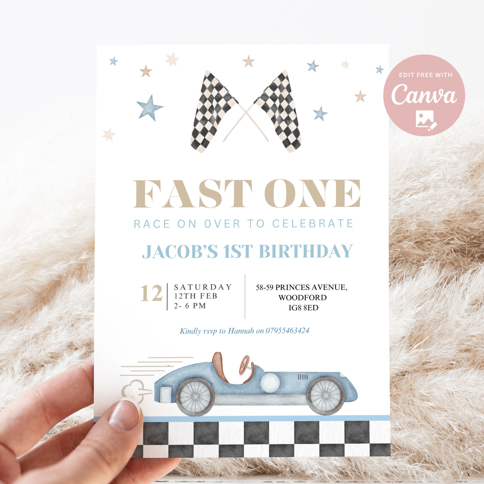 Editable Fast One Racing Car First Birthday Invitation 1st Birthday ...
