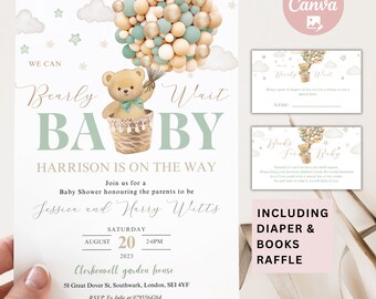 Puede incluir: Una invitación a un baby shower con un esquema de color verde y dorado. La invitación presenta un osito de peluche en un globo aerostático hecho de globos. El texto de la invitación dice "We can Bearly Wait Baby" y "Harrison is on the way".