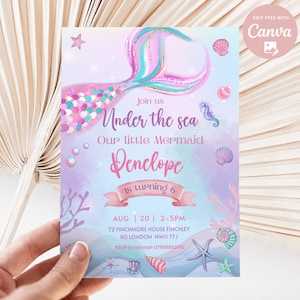 Invitación de cumpleaños de sirena editable niña sirena bajo el mar fiesta de cumpleaños rosa púrpura caprichosa fiesta de cumpleaños de sirena descarga instantánea
