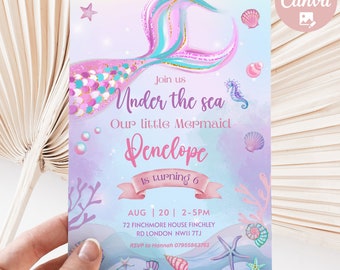 May include: A mermaid-themed invitation with a purple, blue, and pink watercolor background. The invitation reads "Join us Under the sea Our little Mermaid Penelope is turning 6." Decorative elements include seashells, starfish, and a seahorse.