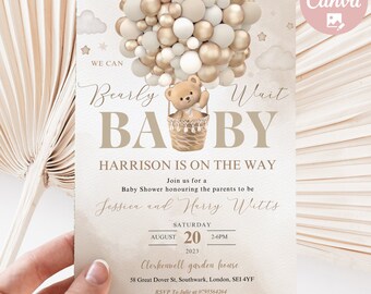 Editable Beige Gender Neutral We Can Bearly Wait Hot Air Balloon Bear Theme Baby shower invite Boho Brown Bear Baby shower instant download
