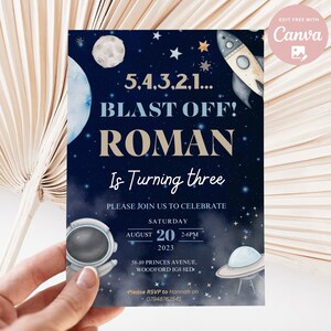Faire-part d'anniversaire modifiable dans l'espace extra-atmosphérique, invitation à une fête Galaxy Blast Off, invitation de l'espace garçon, inviter planètes et astronaute, téléchargement immédiat