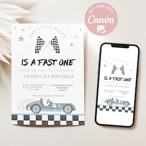 Bearbeitbare Fast One Rennwagen Erster Geburtstag Einladung 1. Geburtstag Einladung Rennwagen Vintage Rennauto Invite Printable Template Download