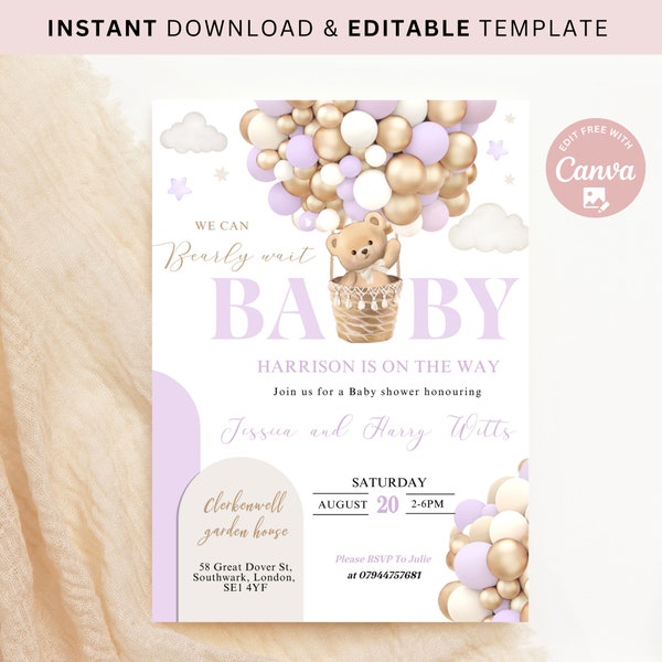 Editable We Can Bearly Wait Baby Shower Invite, Hot Air Balloon Lilac Girl Teddy Bear theme Boho Bear Babyshower template instant download