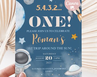 Editable First Trip Around the Sun Blue Birthday Invitation, 1st Birthday Boy Party Invite, Space & Astronaut Invite, Instant Download