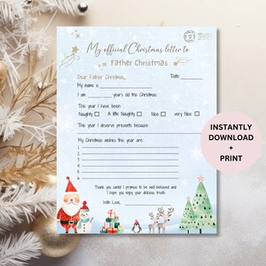 Carta de Navidad para niños imprimible a Papá Noel Fácil de imprimir Lista de deseos de Papá Noel Descarga instantánea Carta a Papá Noel para niños