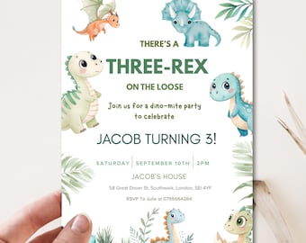 Editable Dinosaur Three rex Boys Birthday Invitation, Green Three Rex Boys Birthday Invite, Third Birthday Dino Party,Three-Rex On The Loose