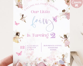 May include: A pink and purple fairy-themed birthday invitation with a watercolor illustration of a fairy and butterflies. The invitation reads "Calling all fairy friends, Our little fairy is turning 2". The invitation also includes the date, time, and location of the party.