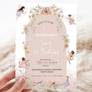 Editable Neutral Boho Fairy 1st Birthday Invitation Enchanted Fairy First Birthday Girls 1st Birthday Garden Party  Instant download