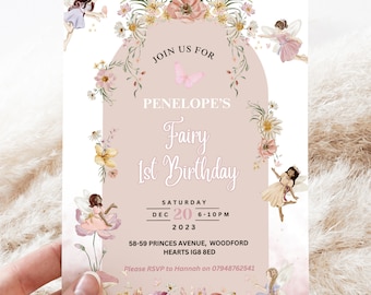 Editable Neutral Boho Fairy 1st Birthday Invitation Enchanted Fairy First Birthday Girls 1st Birthday Garden Party  Instant download