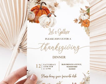 May include: A Thanksgiving dinner invitation with a watercolor illustration of pumpkins and fall leaves. The invitation reads "Let's Gather" and "Please join us for a Thanksgiving Dinner". The date and time are listed as "Saturday, 12th Feb, 2-6 PM". The address is "58-59 Princes Avenue, Woodford, IG8 8ED". The invitation also says "Please bring your favourite dish."