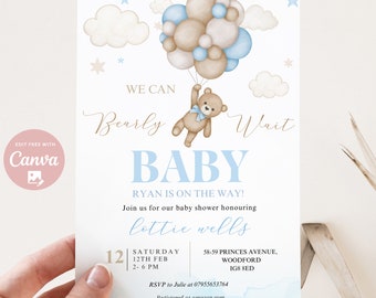 Editable We Can Bearly Wait baby shower invite, Blue Balloon Teddy Bear theme & Boho Bear Baby shower template instant download
