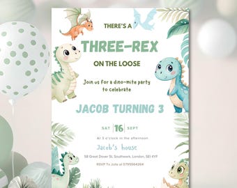Editable Dinosaur Three rex Birthday Invitation, Green Three Rex Boys Birthday Invite, Boys Third Birthday Dino Party,Three-Rex On The Loose