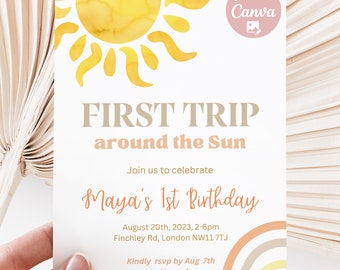 Editable Gender Neutral First Trip Around the Sun 1st Birthday Invitation, Sunshine 1st Birthday Invite, Boho Sun Birthday, Instant download