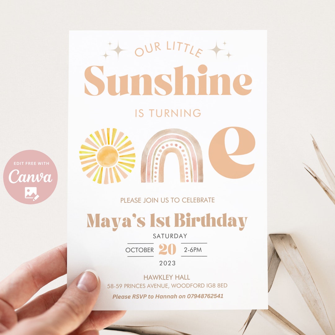 Editable Little Sunshine 1st Birthday Invitation Boho Sun Etsy
