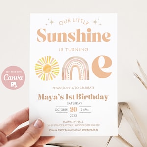 Convite editável de primeiro aniversário Little Sunshine, convite Boho Sun, convite de primeiro aniversário Sunshine, menina de primeiro aniversário, download instantâneo