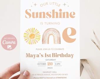 Editable Little Sunshine 1st Birthday Invitation, Boho Sun Invitation, Sunshine 1st Birthday Invitation, 1st Birthday Girl, Instant download