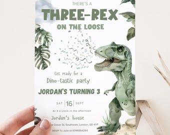 Editable Dinosaur Three rex Birthday Invitation, Green Three Rex Boys Birthday Invite, Boys Third Birthday Dino Party,Three-Rex On The Loose