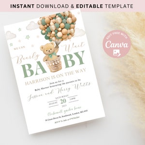 Editable Green Gender Neutral We Can Bearly Wait Hot Air Balloon Bear ...