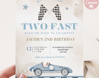 May include: A light blue and white birthday invitation with a race car theme. The text reads "Two Fast" and "Jacob's 2nd Birthday". Includes checkered flags, stars, and a vintage race car illustration.