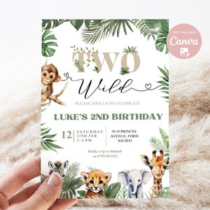 Editable Two Wild Safari Birthday Invitation, Two Wild Birthday Invite, 2nd Birthday Jungle Animals invitations Printable template Download