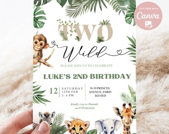 Invito di compleanno modificabile Two Wild Safari, invito di compleanno Two Wild, modello stampabile di inviti per il 2° compleanno con animali della giungla Scarica