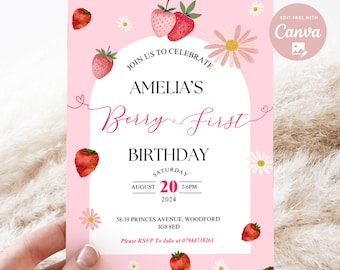 Invitation de premier anniversaire modifiable de baies roses, invitation de filles d'anniversaire rose de fleur de fraise, modèle d'anniversaire de fraise, téléchargement instantané