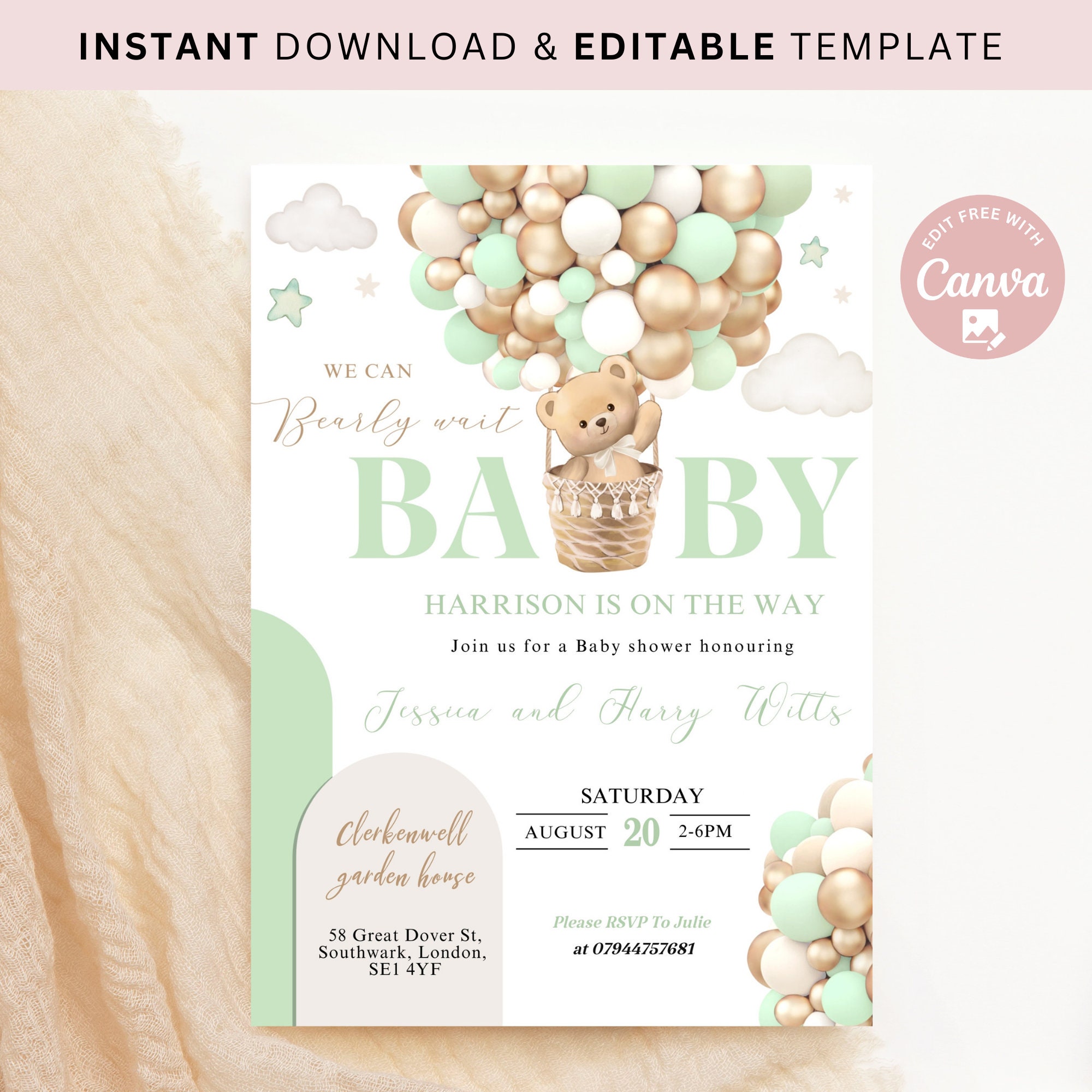 Editable Gender Neutral Green We Can Bearly Wait Hot Air Balloon Bear ...