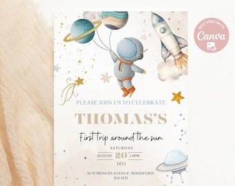 Editable Gender Neutral First Trip Around the Sun Space Birthday Party Invitation,Astronaut 1st Birthday Party Invite,Instant Download