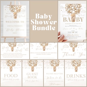 Editable Gender Neutral We Can Bearly Wait Hot Air Balloon Bear Theme Baby shower Bundle Boho Bear Baby shower Bundle instant download BSB15