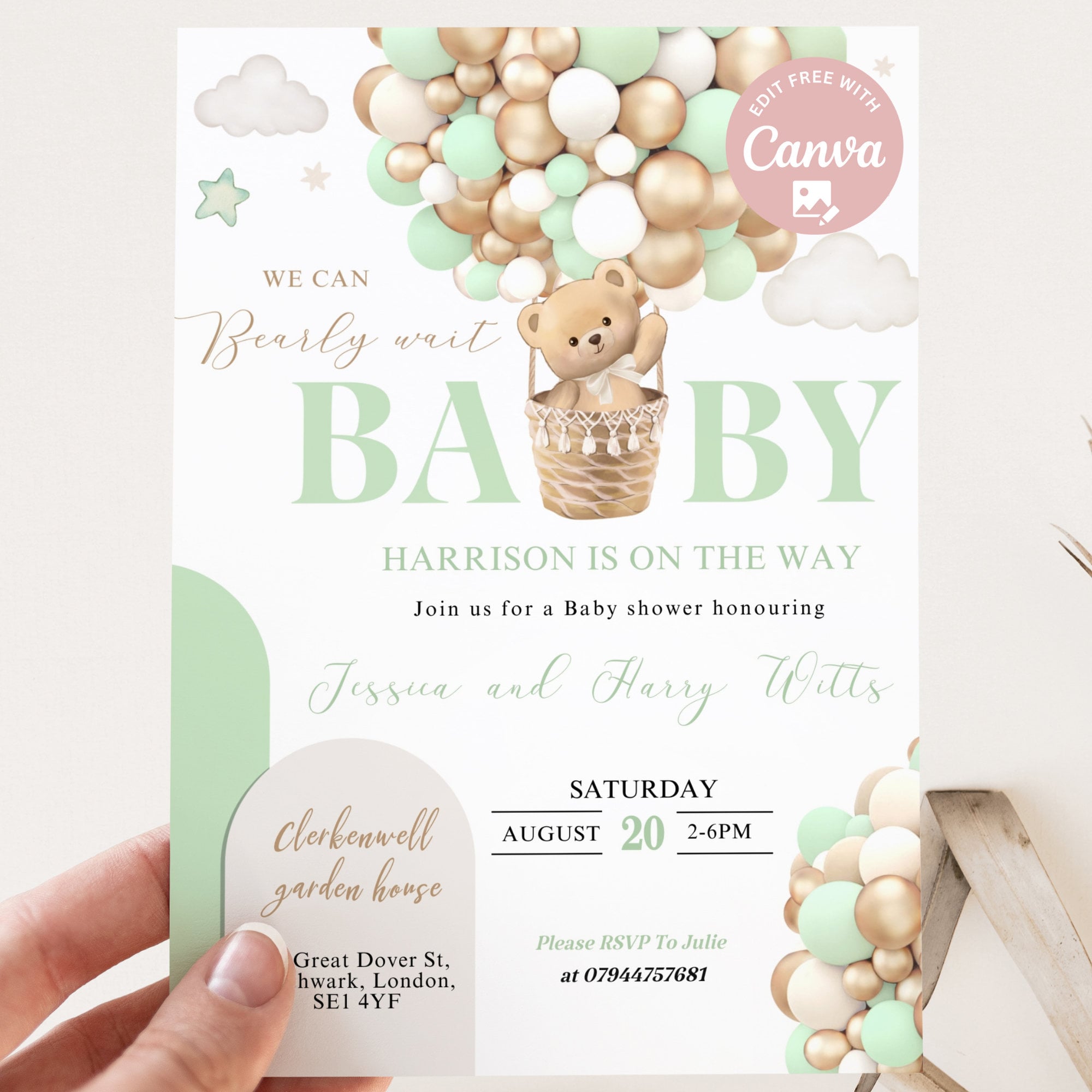 Editable Gender Neutral Green We Can Bearly Wait Hot Air Balloon Bear ...