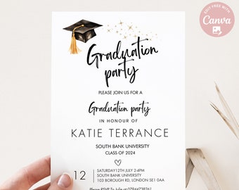 Invitación minimalista editable para fiesta de graduación de 2024. Plantilla editable para graduación de secundaria y universidad.