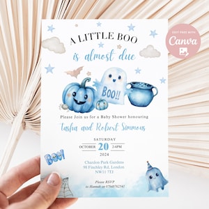 Editable Blue A Little Boo Baby Shower Invitation, Boy Halloween Baby Shower Invite, Ghost Blue Halloween Baby Shower digital Invite