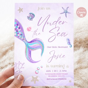 Invitación de cumpleaños de sirena editable niña sirena bajo el mar fiesta de cumpleaños púrpura caprichosa fiesta de cumpleaños de sirena descarga instantánea
