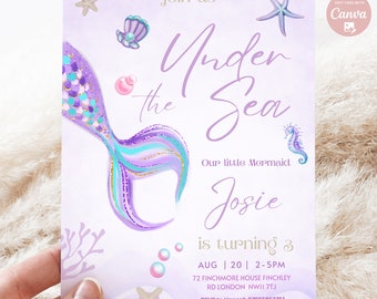 May include: Purple and blue mermaid tail illustration with a starfish, seashells, and a seahorse. The text reads "Join us Under the Sea Our little Mermaid Josie is turning 3 AUG 20 2-5PM 72 Finchmore House Finchley Rd London NW11 7TJ RSVP to Hannah 07955863761".