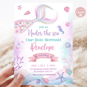Invitación de cumpleaños de sirena editable niña sirena bajo el mar fiesta de cumpleaños pastel caprichosa fiesta de cumpleaños de sirena descarga instantánea