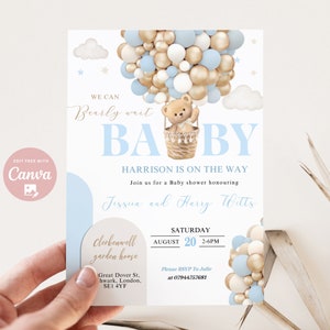 Modificabile We Can Bearly Wait Baby Shower Invite, Hot Air Balloon Blue Boy Teddy Bear tema Boho Bear Babyshower template download istantaneo