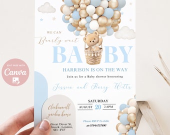 Teddy Bear Baby Shower Invitation, Hot Air Balloon Theme (Editable Template)