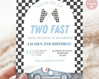 May include: A blue and white race car birthday party invitation with a checkered flag background. The invitation says "Growing Up Two Fast" and "Race on over to celebrate Jacob's 2nd Birthday".