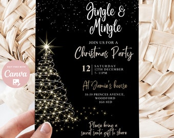 May include: Black and gold Christmas party invitation with a stylized gold Christmas tree and sparkling lights. The invitation reads "Jingle & Mingle" and "Join us for a Christmas Party" with the date and time of the party. The invitation also includes the address and a request to bring a secret Santa gift.
