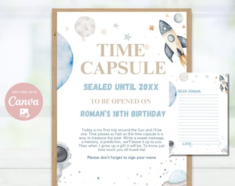 May include: A printable time capsule sign with a space theme. The sign is blue, white, and gold with a rocket, planets, and stars. The text on the sign reads "Time Capsule, Sealed Until 20XX, To Be Opened On Roman's 18th Birthday". There is also a separate card with lines for writing messages to Roman.
